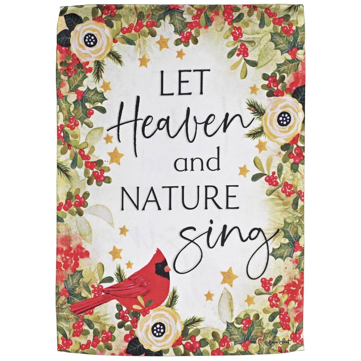 Let Heaven And Nature Sing Christmas printed flag with elegant script and holiday greenery, vivid color on weather-resistant polyester with top pole sleeve.