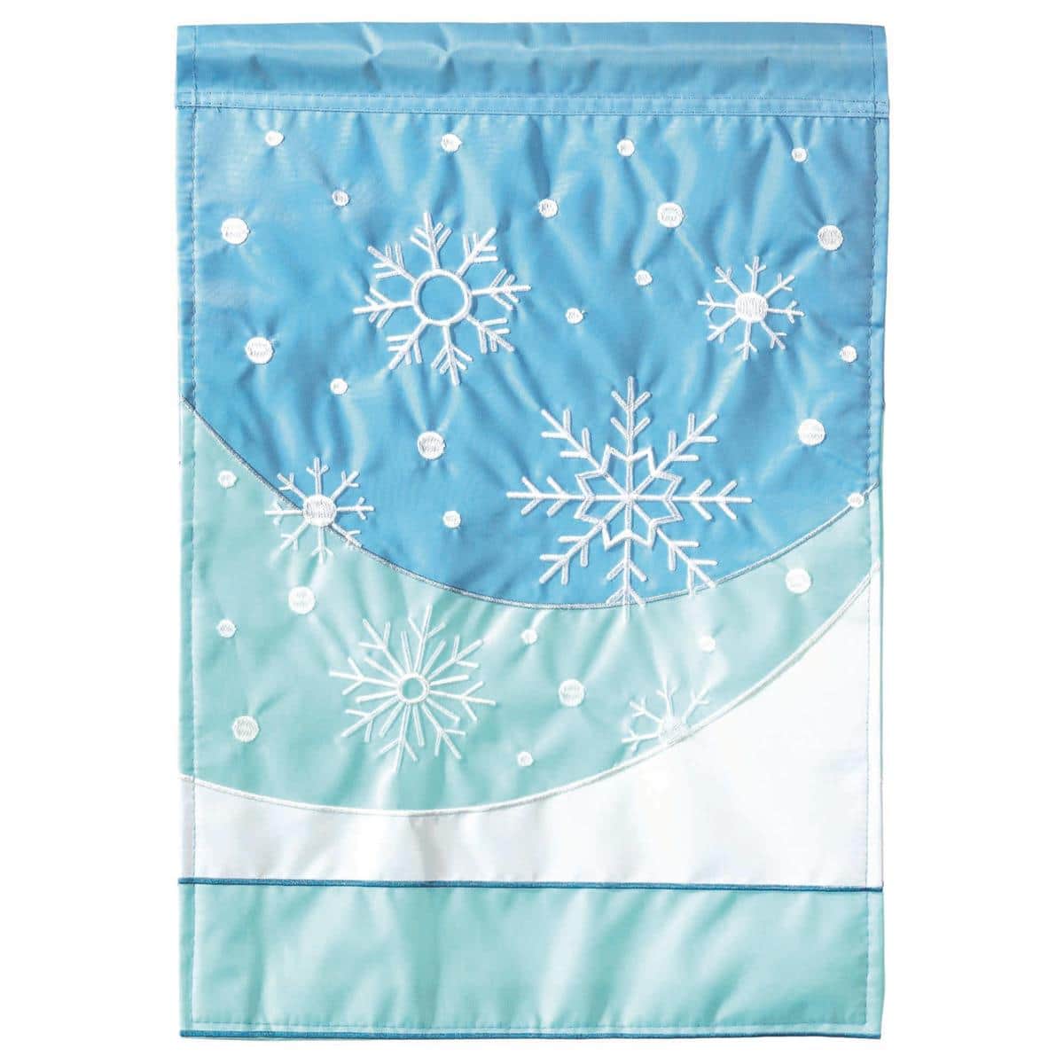 Let It Snow 13x18 double applique garden flag showing layered snowflakes and simple winter lettering on muted background, designed for garden pole display.