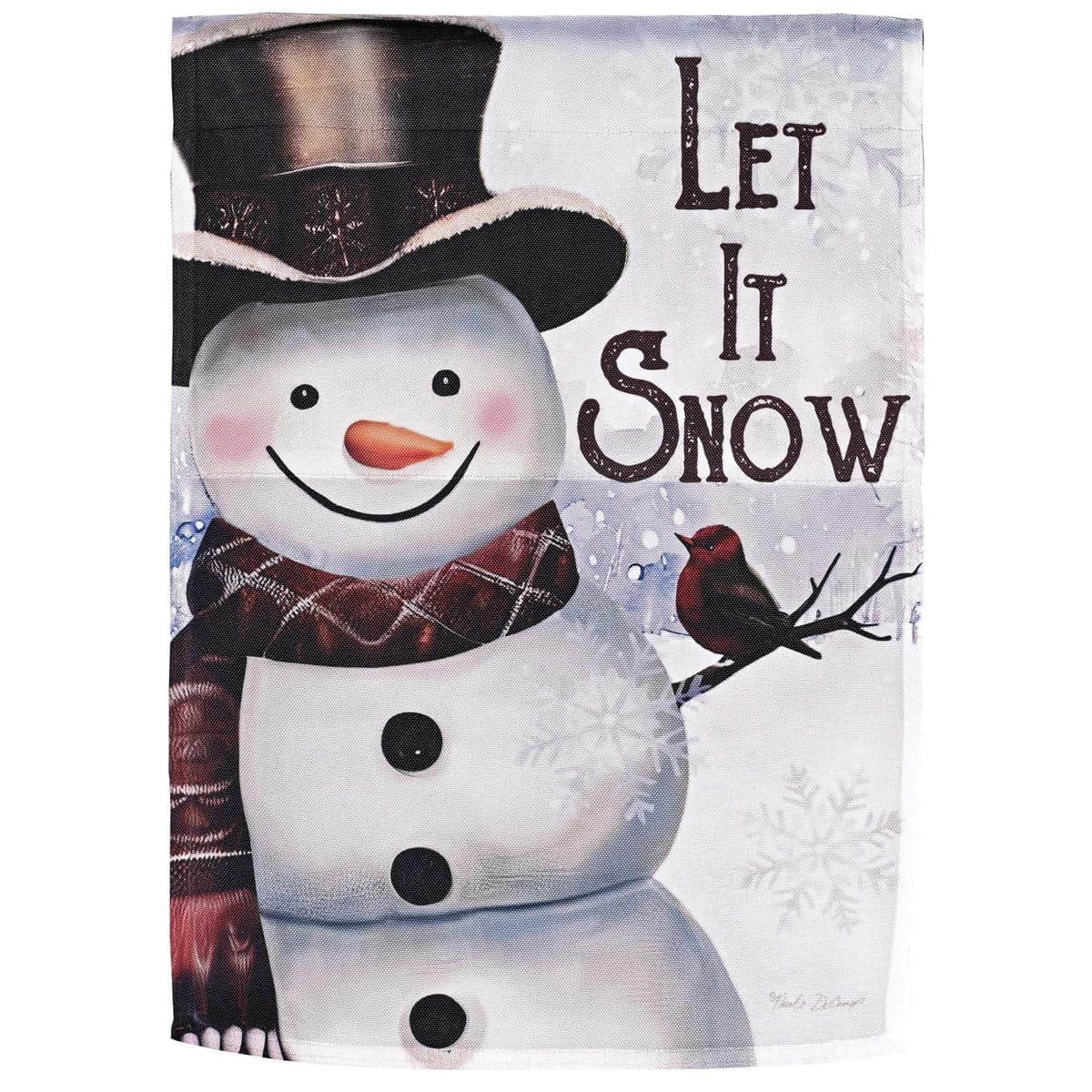 Winter garden flag with cheerful snowman, perched bird, and "Let It Snow" lettering printed on durable outdoor fabric.