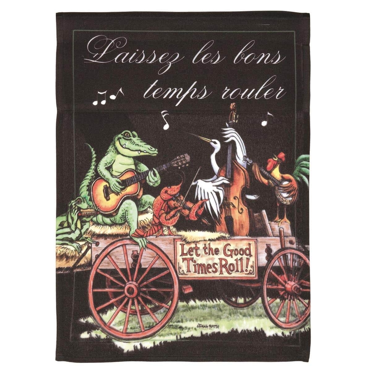 Alt text for main product image: 13x18 Let The Good Times Roll Mardi Gras garden flag with purple green and gold beads mask fleur-de-lis design on yard pole against porch background.