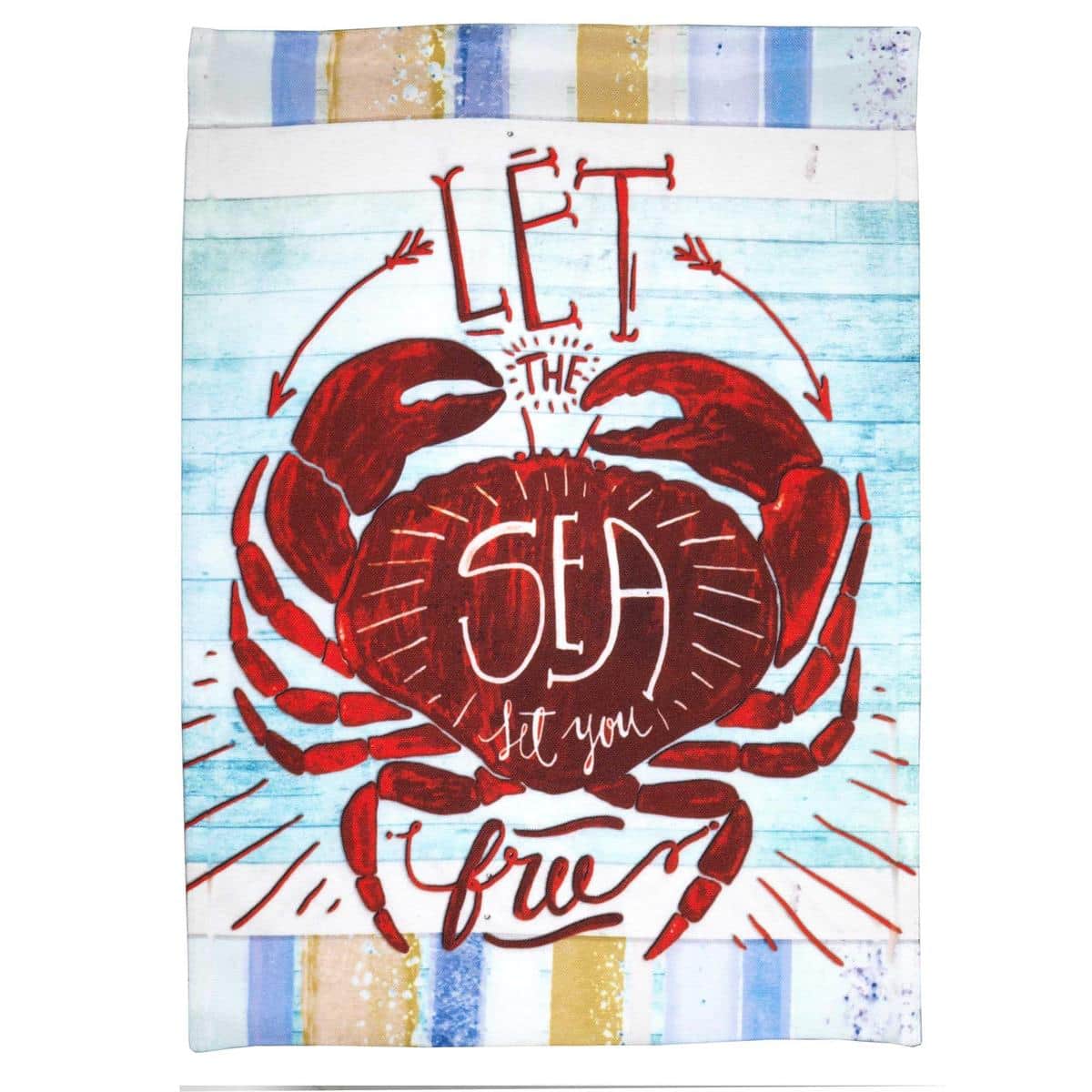 Let The Sea Free 13x18 coastal garden flag with printed nautical artwork showing waves, shells, starfish and stripe accents on durable outdoor polyester for porch or garden display.