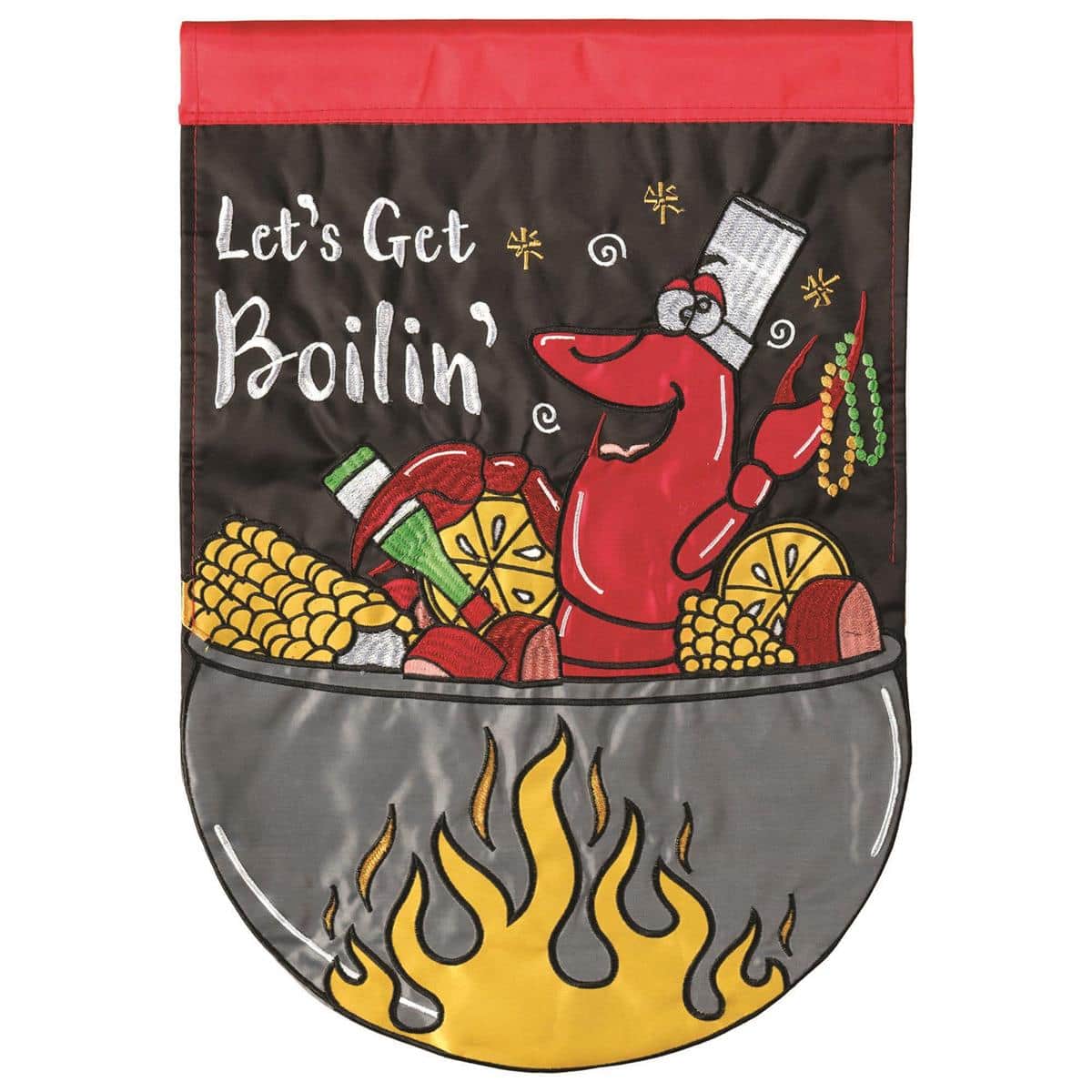 Alt text for the main product image (must be unique vs the meta description): 13x18 Lets Get Boilin garden flag showing double applique seafood boil artwork, bold lettering, textured applique layers, and vibrant summer colors on porch.