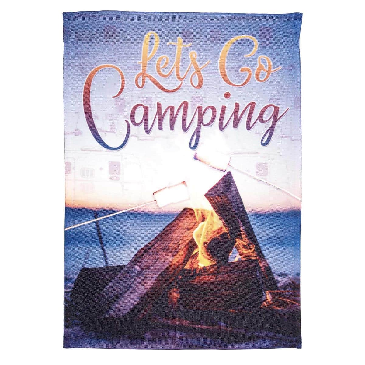 Outdoors Lets Go Camping garden flag 13x18 showing tent, campfire, pine trees, mountains and starry sky printed in bold colors on a durable outdoor fabric for porch or campsite display.