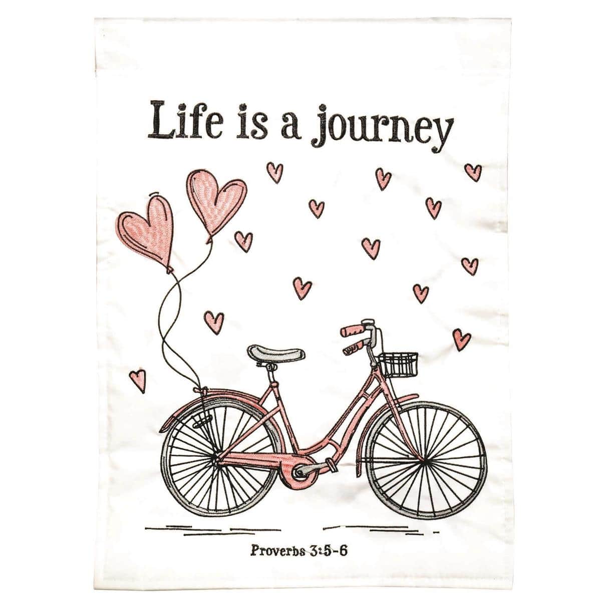 13x18 Life Is A Journey inspirational garden flag with double applique layers on durable outdoor fabric shown hanging on a garden flag pole in a flower bed.