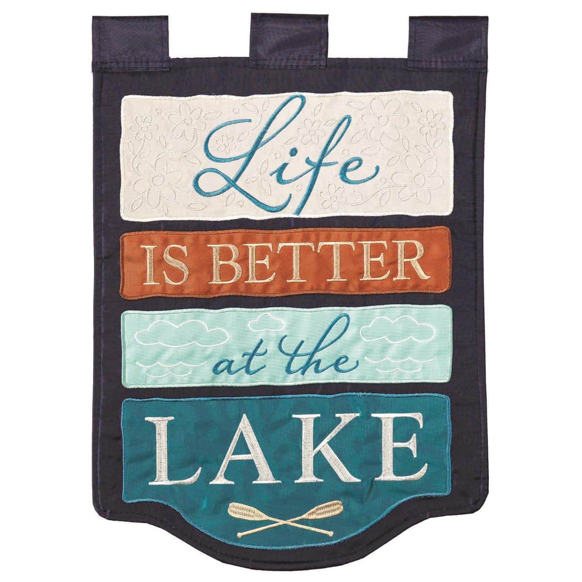13x18 Life Is Better At Lake garden flag with double applique showing a waterfront-inspired design and the phrase "Life Is Better At Lake", ideal for porch, lawn, or dockside display.