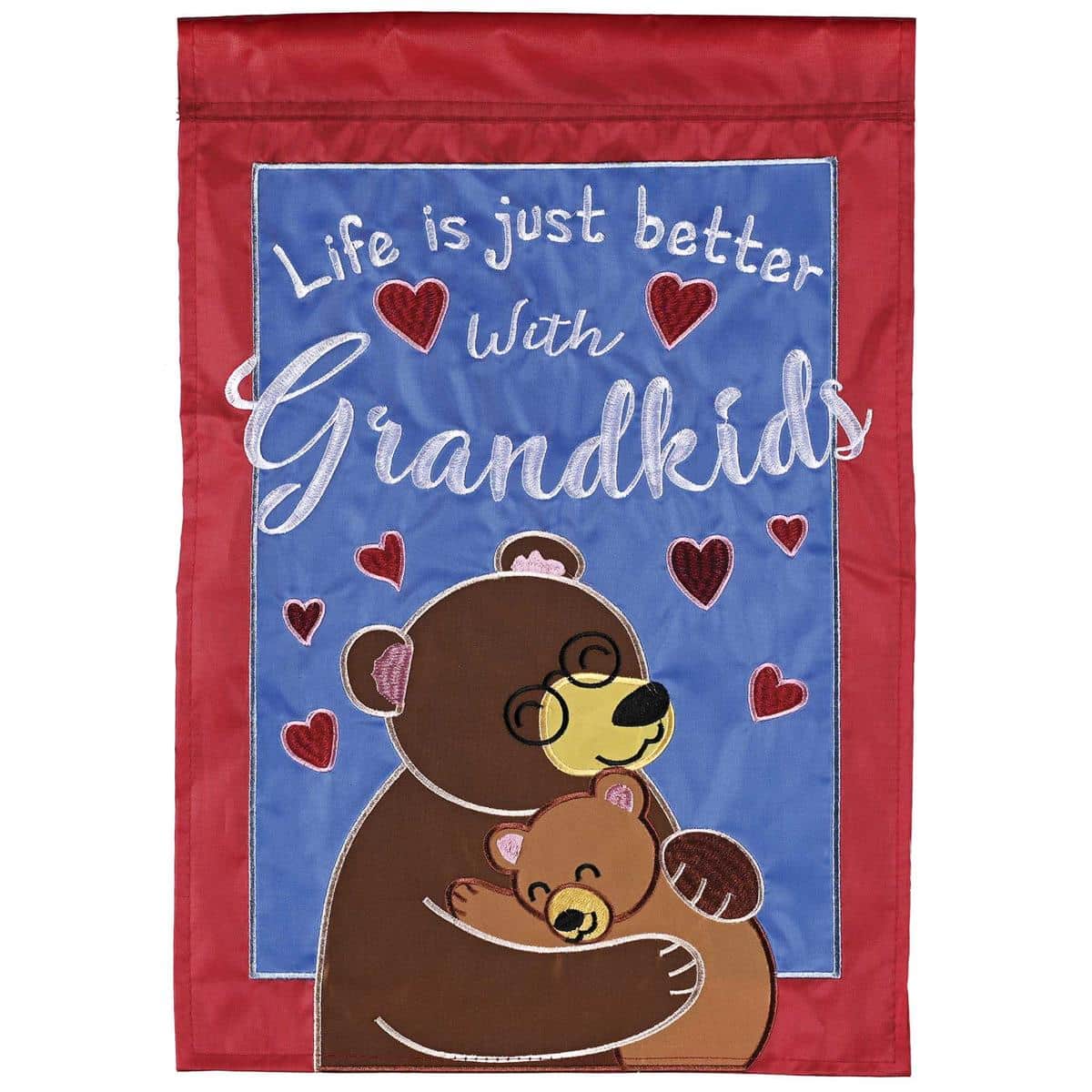 Life Is Just Better With Grandpar style double applique garden flag featuring layered lettering, textured backgrounds, and reinforced sleeve for porch or yard display.
