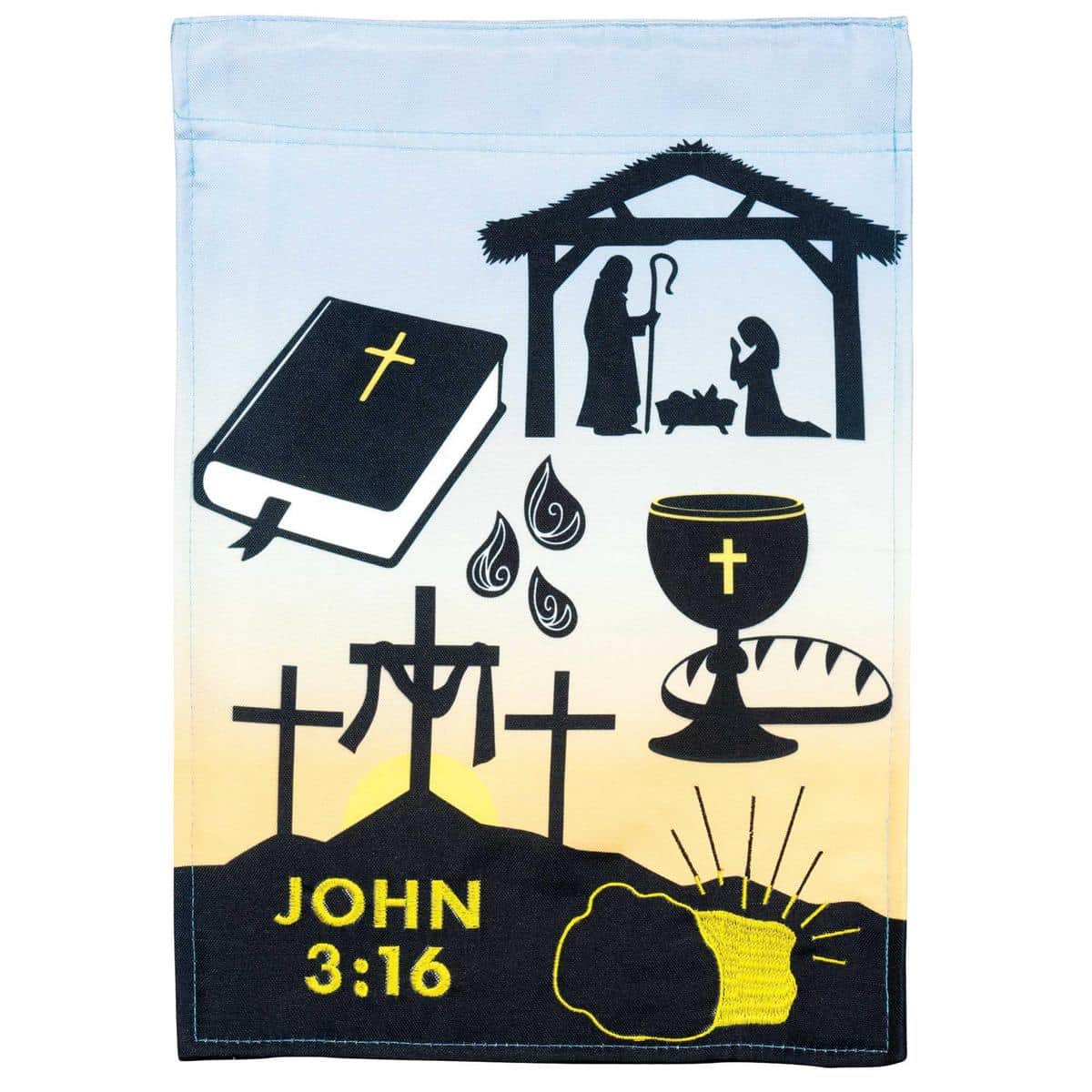 13x18 Life Of Christ double-applique-plus garden flag featuring spiritual scene and layered applique details, designed for garden pole display with reinforced sleeve and vivid colorwork.