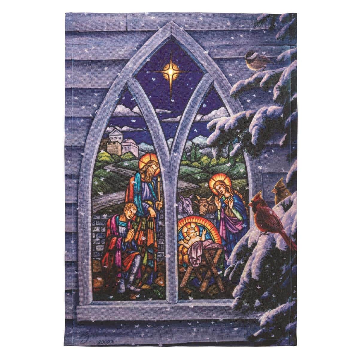 13x18 Light From Within printed garden flag showing a nativity scene with a guiding star and stable silhouette, designed for outdoor Christmas and religious holiday display.