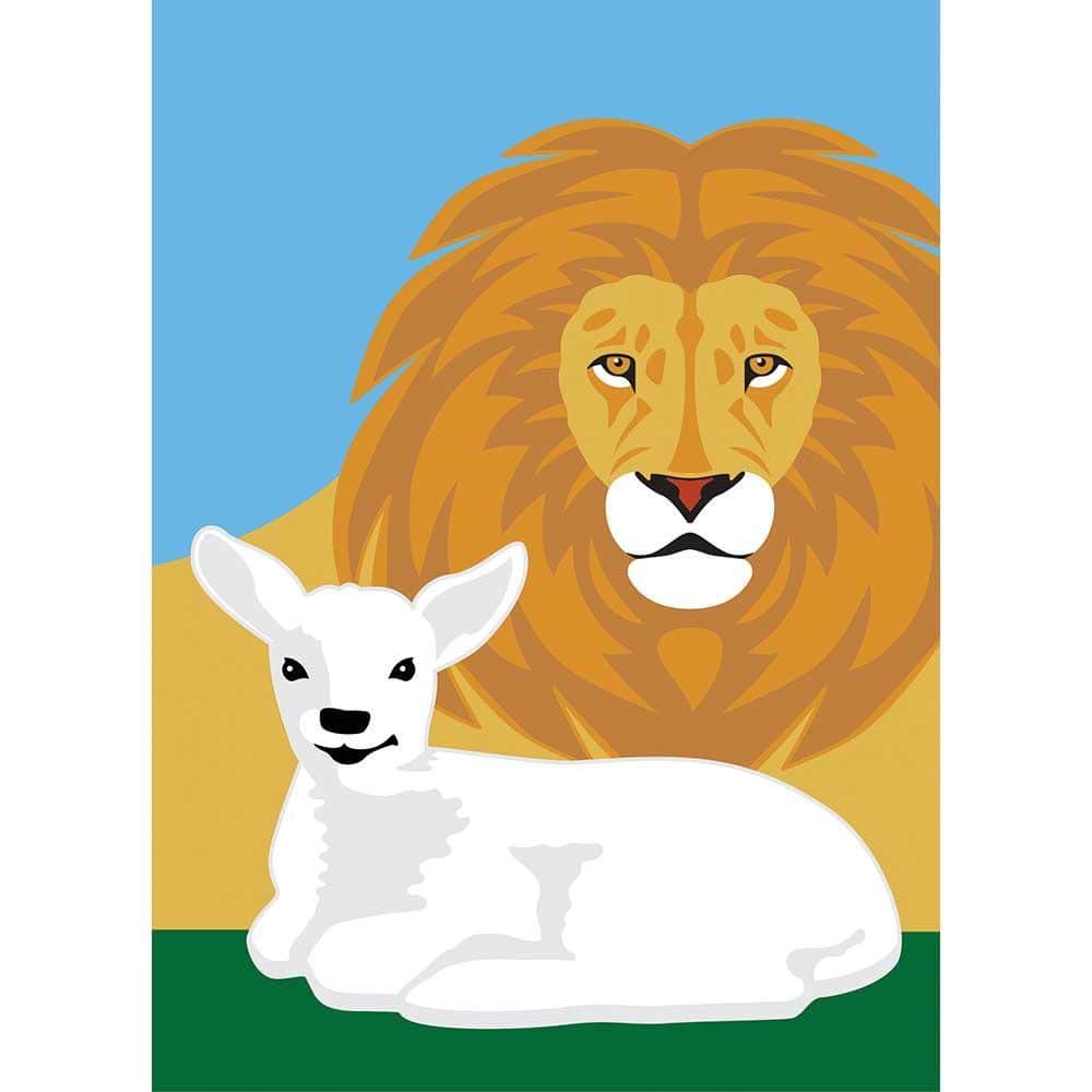 29x42 Lion and Lamb double applique banner flag with embroidered lion and lamb motif for Christian home or church decor on durable polyester fabric.