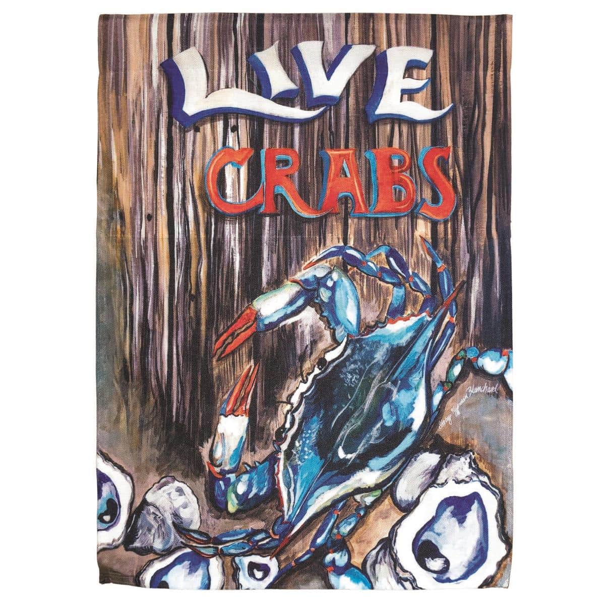 30x44 Louisiana Live Crabs printed banner flag showing bold red crab artwork on coastal blue background for outdoor porch or restaurant display.
