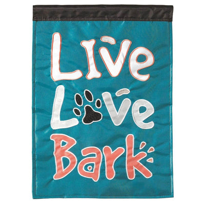 Live Love Bark Garden Flag with double-thickness design, intricate applique stitching, and durable nylon construction for dog lover outdoor décor.