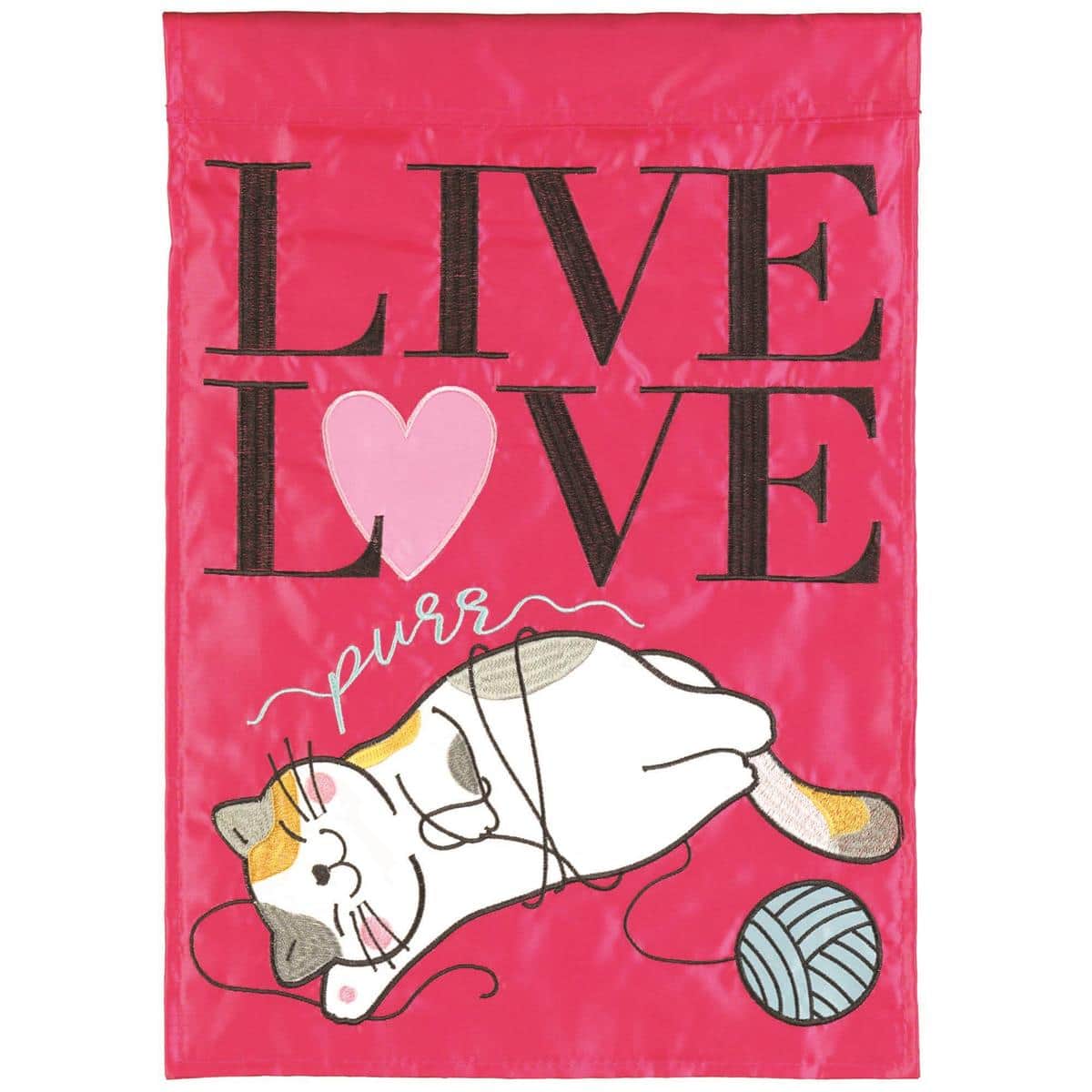 Live Love Purr 13x18 double applique garden flag showing a whimsical cat silhouette with hearts and scripted Live Love Purr text in layered fabric applique, stitched edges, vibrant color palette, and secure sleeve for garden stake display