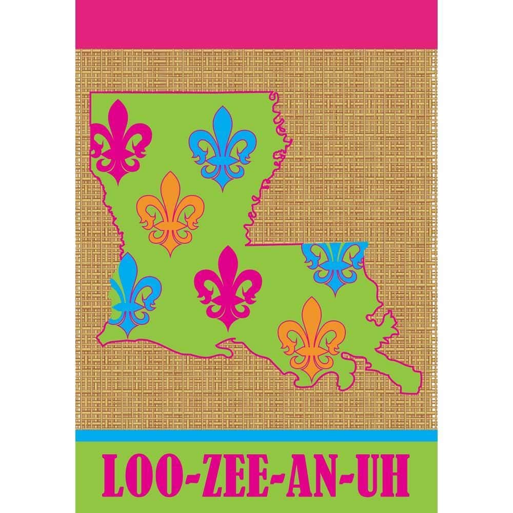 13x18 double applique garden flag with Loo-Zee-An-Uh lettering, two-sided, outdoor polyester, pole sleeve and tab, fits standard stands