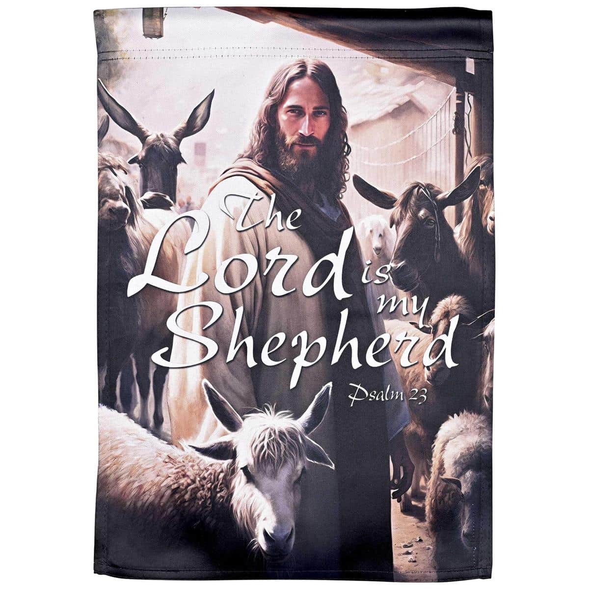 Alt text: 13x18 Lord Is My Shepherd printed garden flag with scripture text and tasteful design displayed on a decorative garden pole for porch or yard.