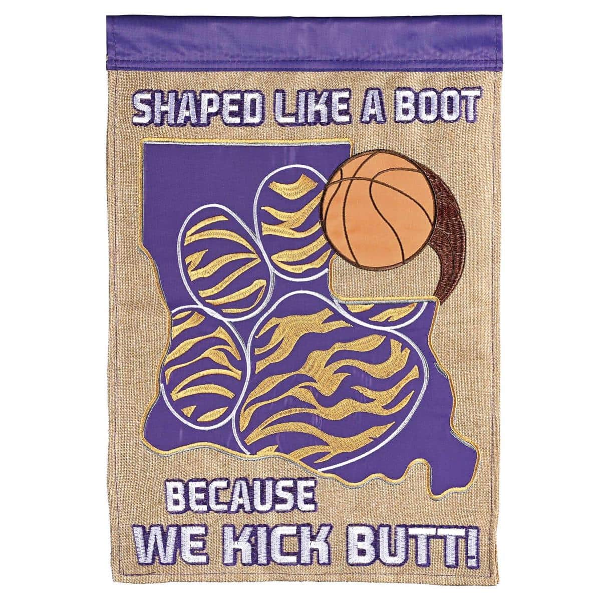 Double applique Louisiana basketball flag showing a basketball and state outline in team colors on a durable outdoor flag.