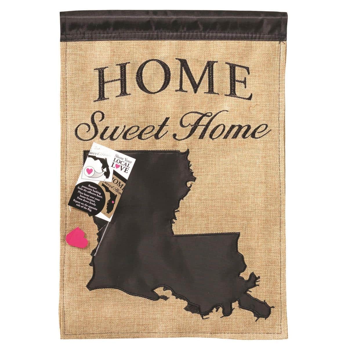 13x18 Louisiana burlap garden flag in LA-Everyday style featuring double applique state emblem, rustic woven texture, and reinforced header for standard garden pole display.