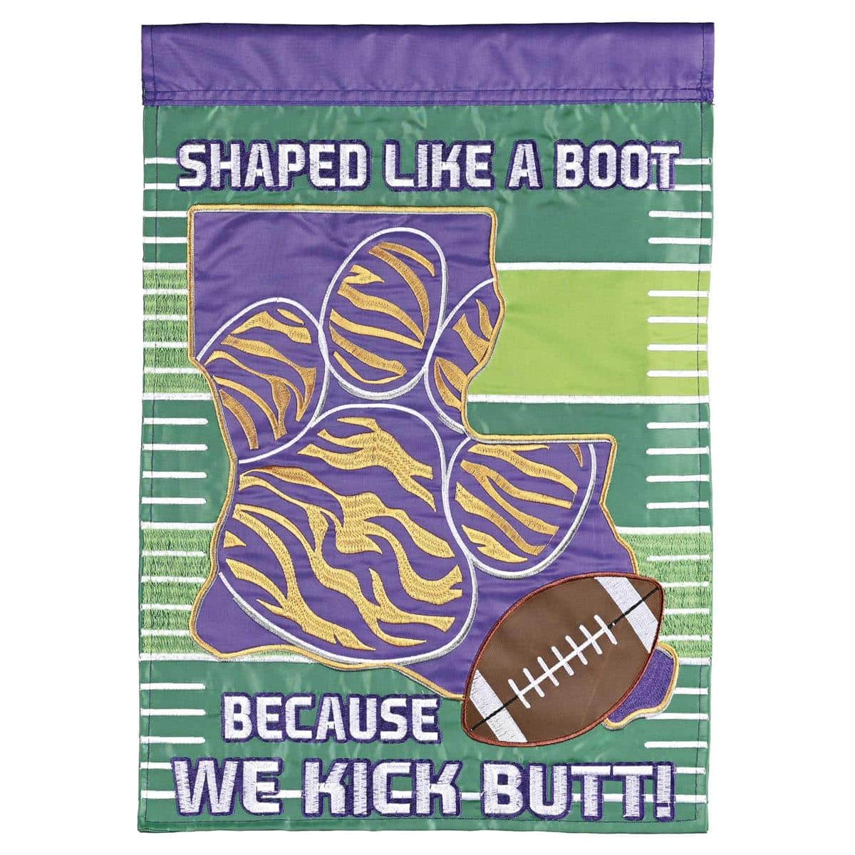 Double applique Louisiana football fan flag with bold team colors and stitched applique details flying from a pole at a tailgate gathering, showing texture and reinforced edges.