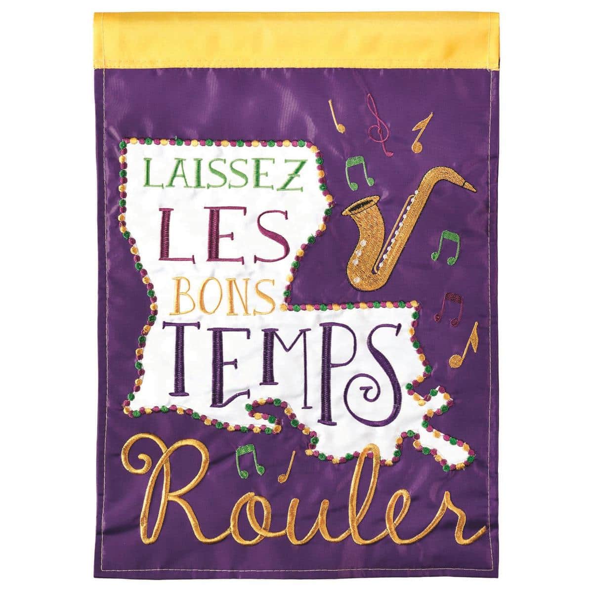 13x18 Louisiana Good Times garden flag with double applique Mardi Gras beads, masks, and fleur-de-lis in purple, green, and gold ready for a garden pole.