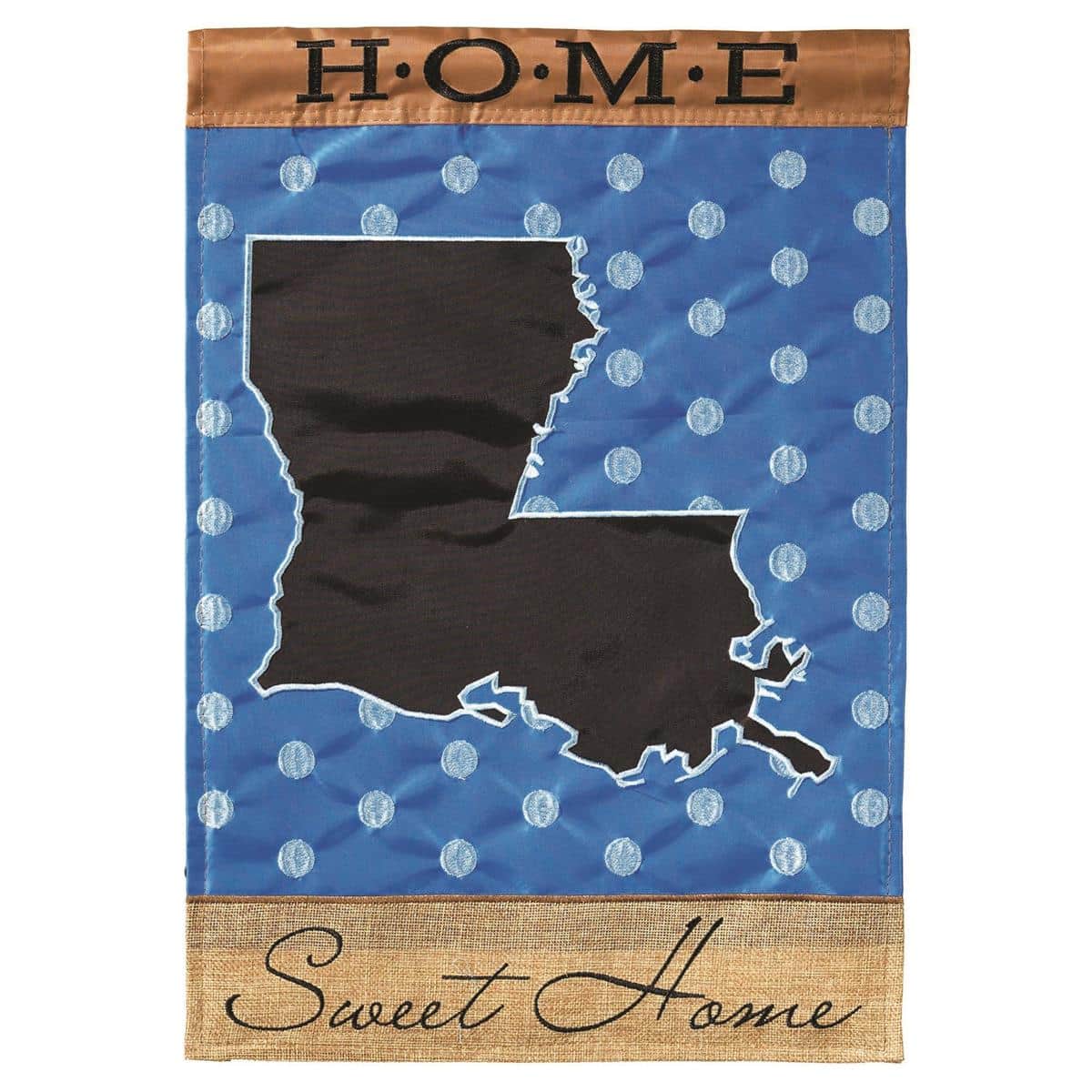 13x18 Louisiana Home Sweet burlap garden flag with double applique details and rustic texture displayed on a porch flag stand