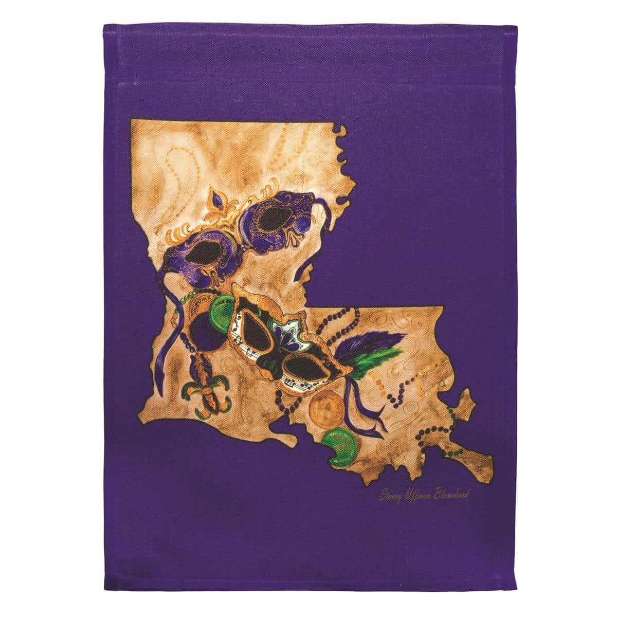 30 x 44 Mardi Gras banner flag with Louisiana carnival masks, beads, and fleur-de-lis in purple, green, and gold, printed polyester, outdoor house flag on porch