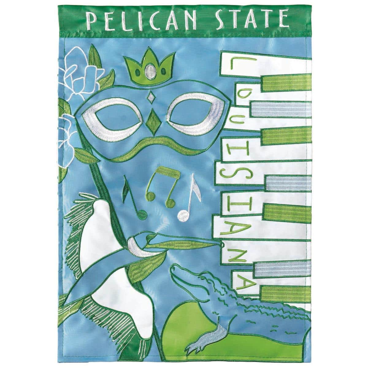 13x18 Louisiana garden flag featuring a stitched brown pelican over coastal marsh imagery with fleur-de-lis accents and rich applique textures.
