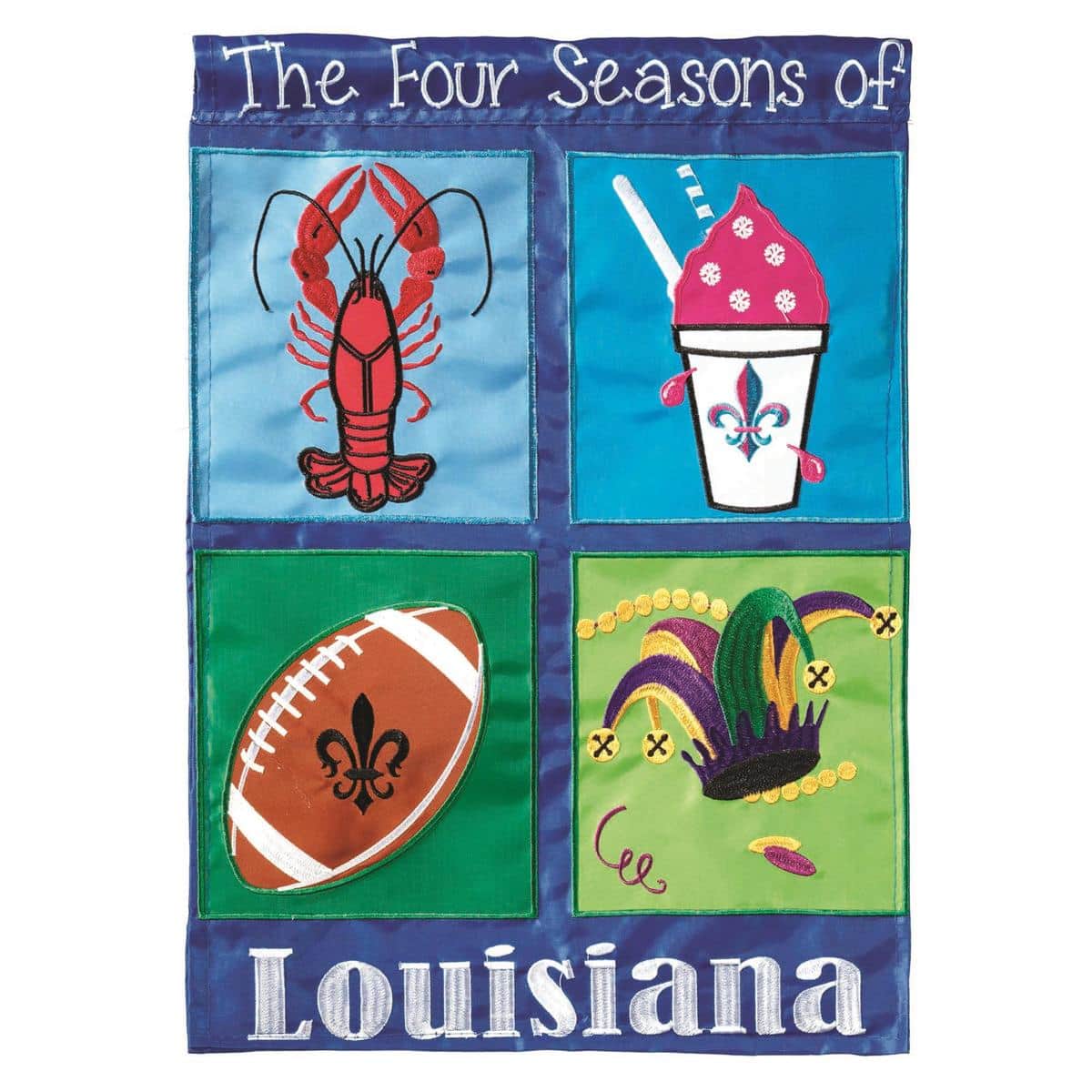 LA-Everyday 13x18 double applique Louisiana Seasons garden flag with layered state-inspired motifs, pole sleeve top, displayed outdoors on a garden stand