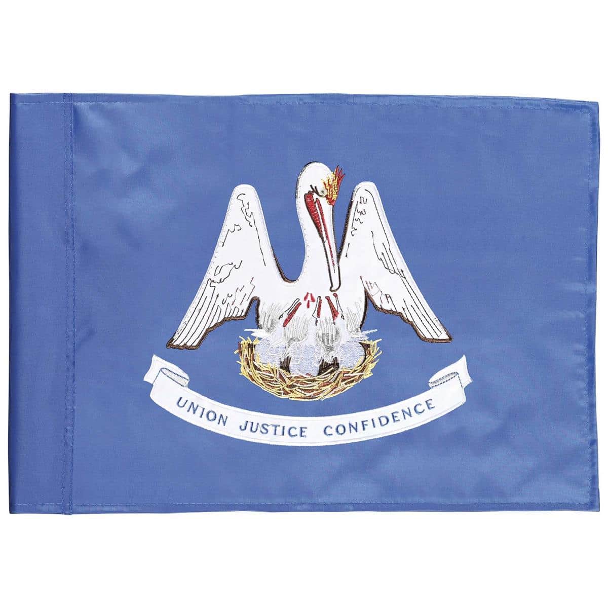 Close-up photo of the Louisiana 29x42 double applique banner flag showing the pelican feeding her chicks on a nest with the motto 'Union, Justice, Confidence' on a blue field.