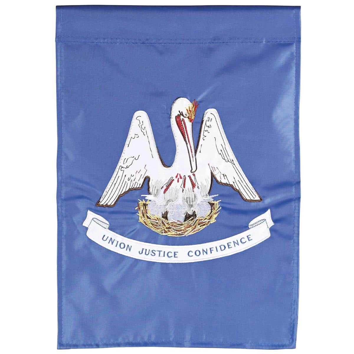 13x18 Louisiana state garden flag with double applique pelican and fleur-de-lis on a blue field - durable polyester garden flag for porch pole display