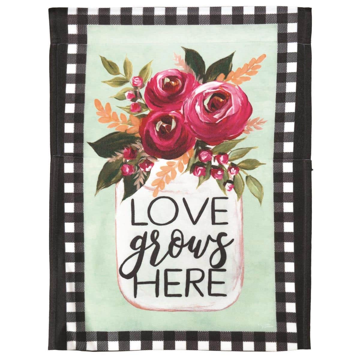 Love Grows Here 30x44 printed floral banner flag with colorful blossoms and hand-lettered script, outdoor house flag with top sleeve for standard poles