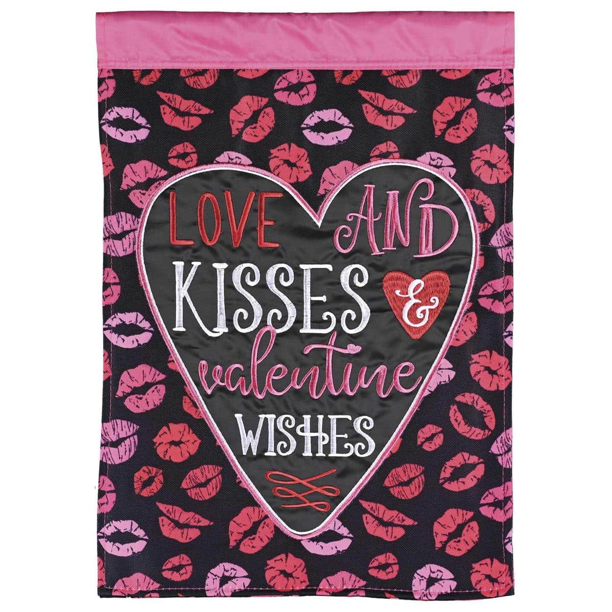 Love Kisses Valentine Wishes double applique flag showing layered heart motifs, kiss graphics and embroidered "Wishes" script on durable fabric hanging from a porch flagpole with tidy hem and reinforced header