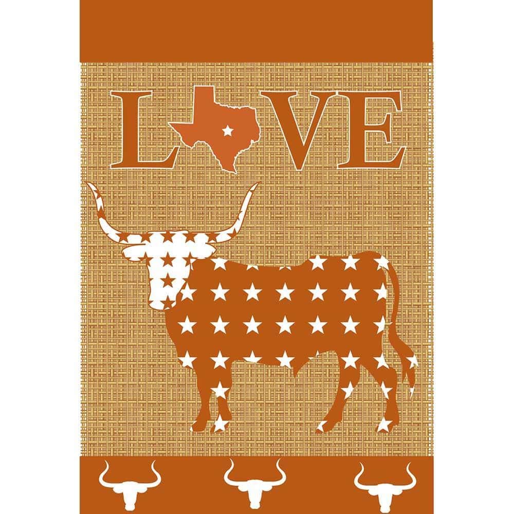 13x18 Love Longhorns Texas garden flag, double applique, two sided, longhorn silhouette with heart and state elements, outdoor yard and porch accent.