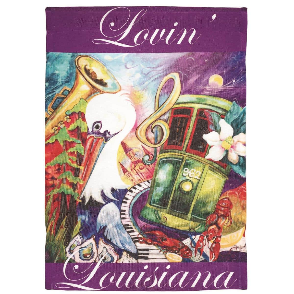 Lovin Louisiana 30x44 printed banner flag on a front porch, bold state pride design on durable polyester with top pole sleeve and weather ready colors