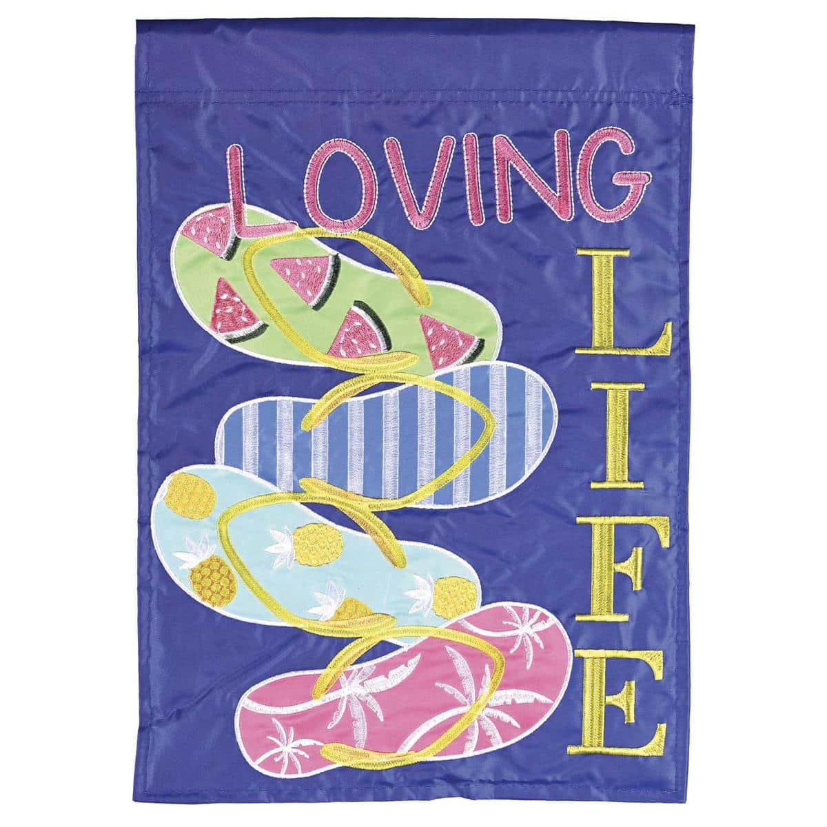 13x18 Loving Flip Flop Life garden flag showing colorful flip flop artwork and WaterfrontFlops double applique detail on a beach themed background for outdoor yard display.