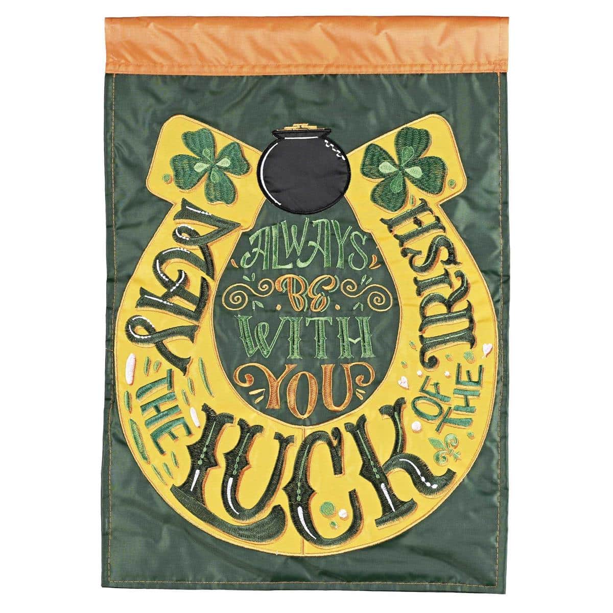 Alt text for the main product image: 29x42 Luck Of The Irish banner flag showing layered double applique shamrocks and gold accents on green background ready for outdoor St Patrick display