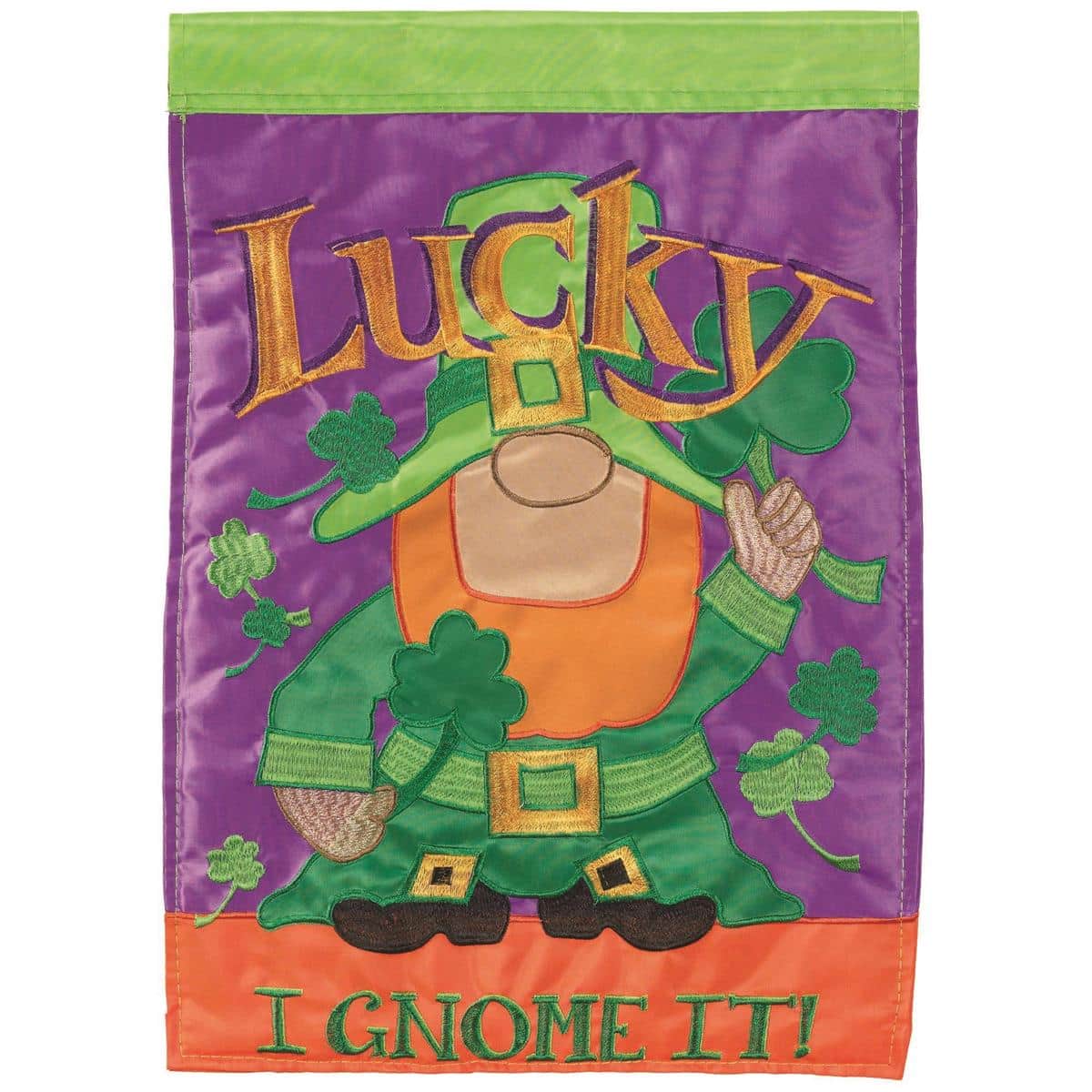 Lucky I Gnome It garden flag showing a smiling gnome in a green hat holding shamrocks with bold "Lucky I Gnome It" text on 13x18 double applique fabric.
