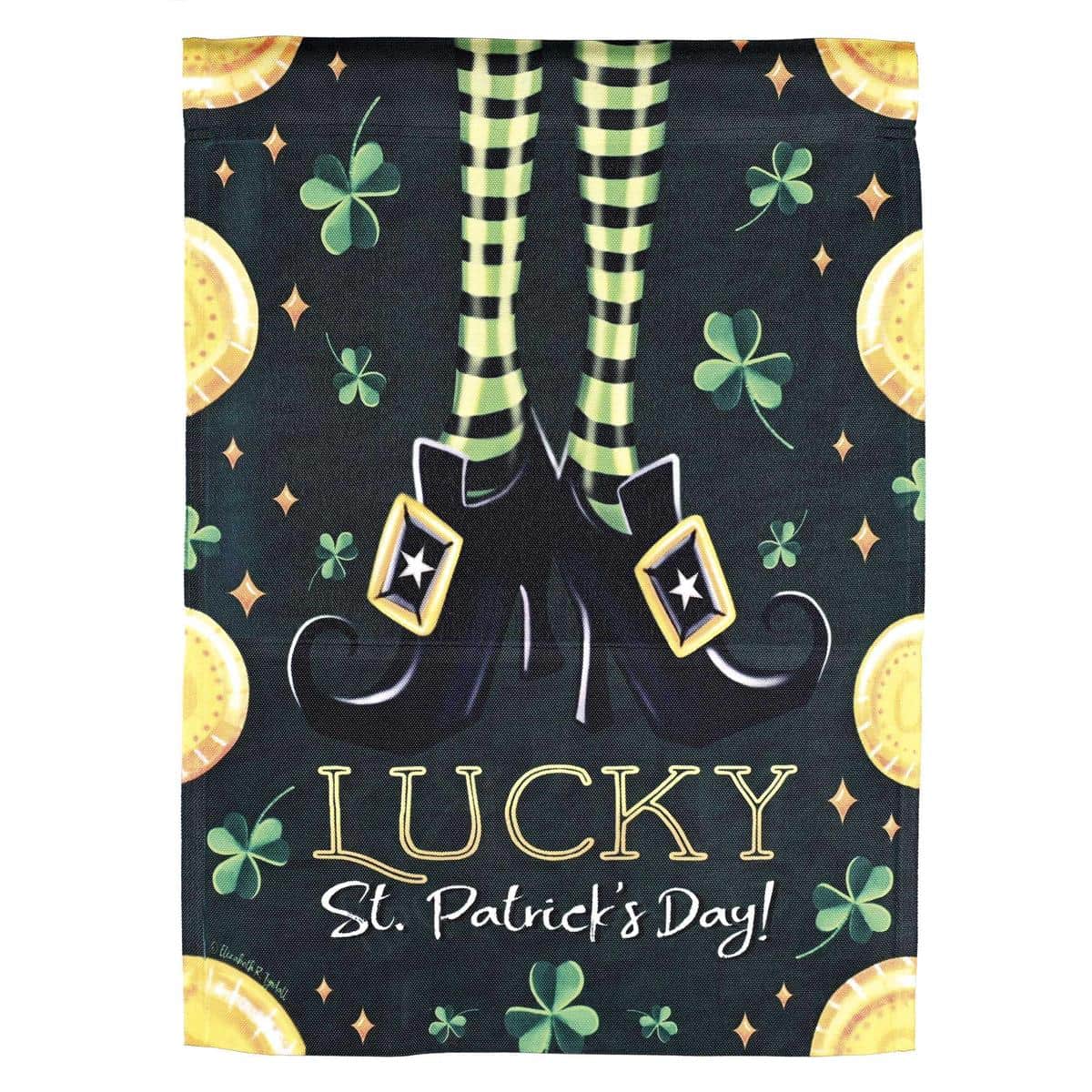 Lucky St Patricks Day 13x18 garden flag with shamrocks and gold accents printed on polyester, shown on a standard yard flag stand for festive Irish decor.