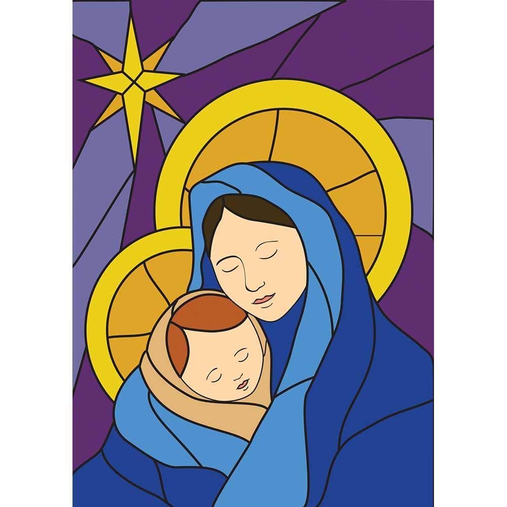 Christmas Madonna banner flag 29x42 double applique with embroidered gold halo and rich color, hanging from a garden flagpole for outdoor or indoor holiday display.