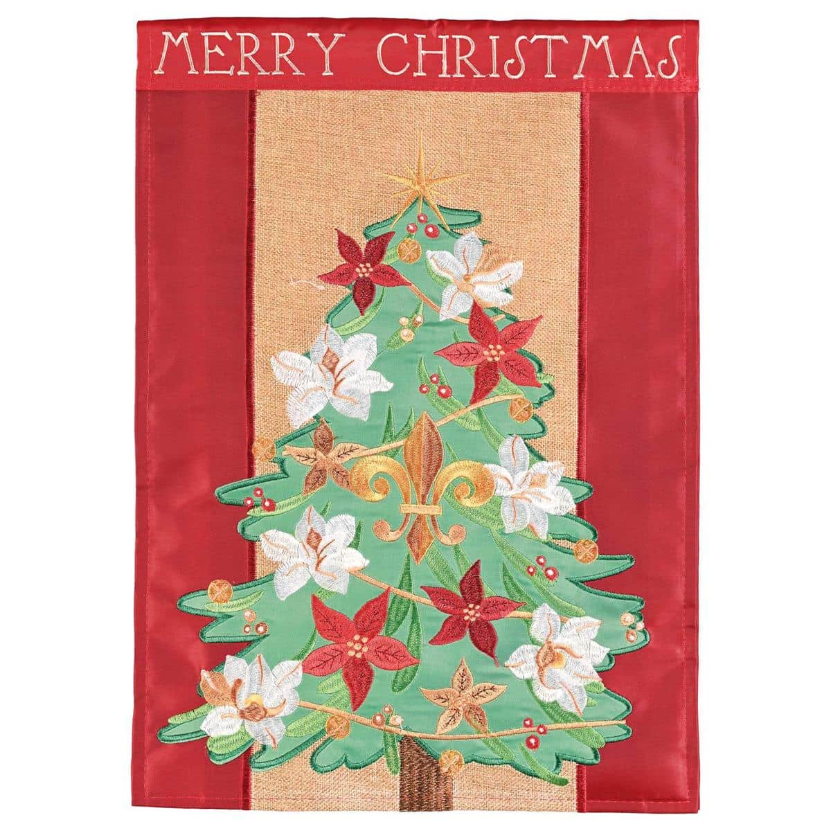 Magnolia Christmas Tree double applique 13x18 garden flag with layered blossoms and evergreen design, two-sided and outdoor ready on standard pole sleeve.