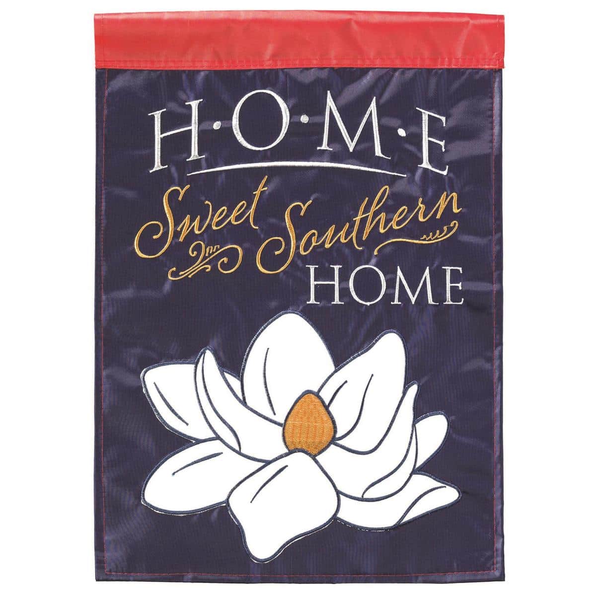 Navy Magnolia "Home Sweet" 29x42 double applique banner flag showing layered magnolia blooms and welcome text on a deep navy background, ideal for porch or garden display.