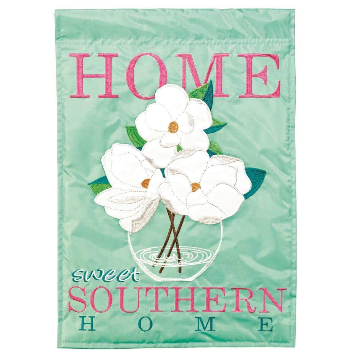 Magnolia Home Sweet Southern 29x42 double applique banner flag with magnolia flowers, layered fabric details, and the "Home Sweet Southern" greeting displayed on a front porch.