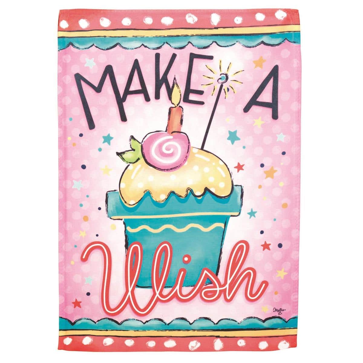 Make A Wish 13x18 inch printed garden flag showing festive Make A Wish lettering and celebratory icons, designed for garden stakes and small flag stands, perfect for birthday yard displays and party entrances.
