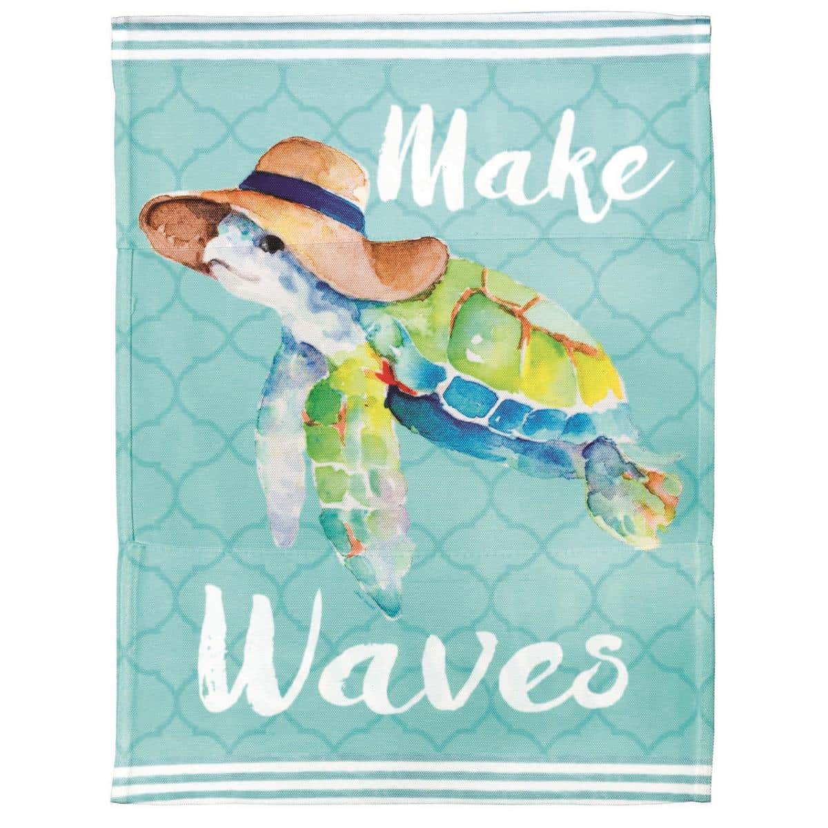 Waterfront style 13x18 garden flag with sea turtle and Make Waves message, printed in teal and ocean blues, displayed outdoors on a standard garden flag stand.