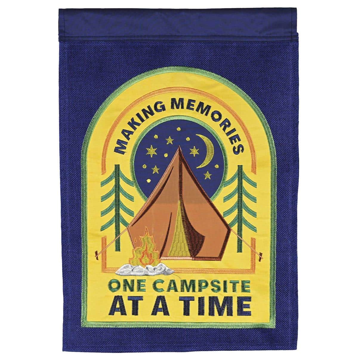 13x18 Making Memories One Campsite garden flag showing layered applique tents, campfire, trees and hand-stitched details on a compact outdoor flag designed for porch or campsite display.