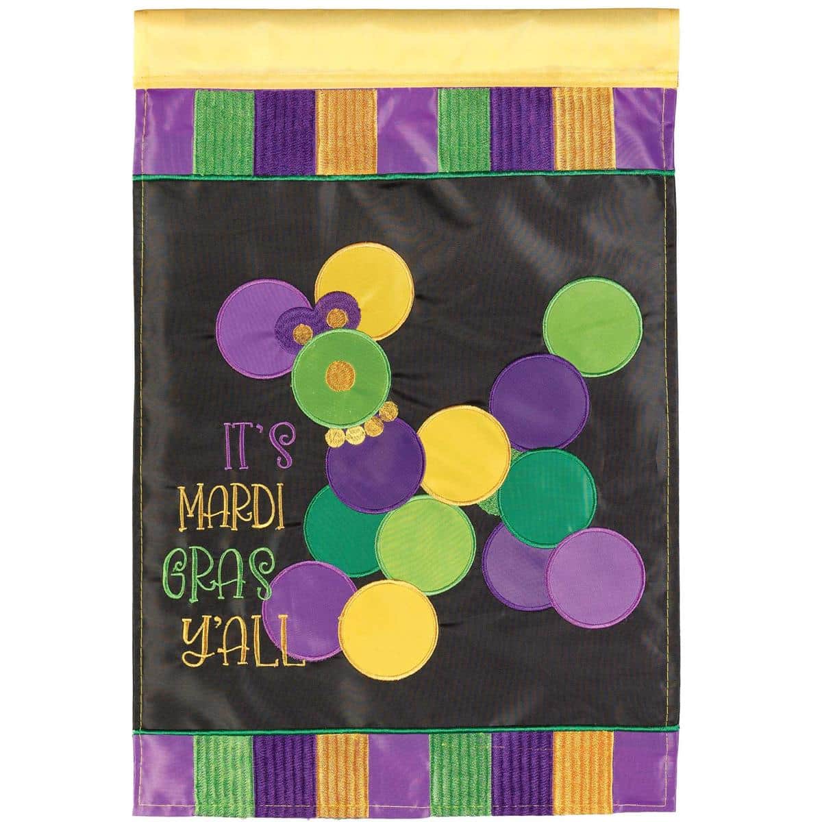 29x42 Mardi Gras dog banner flag with beads in purple green and gold double applique design for garden pole or porch display, featuring a playful dog motif.