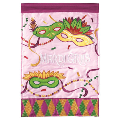29x42 Mardi Gras beads double applique banner flag in purple, green, and gold, hanging on a house pole with layered fabric details and reinforced stitching