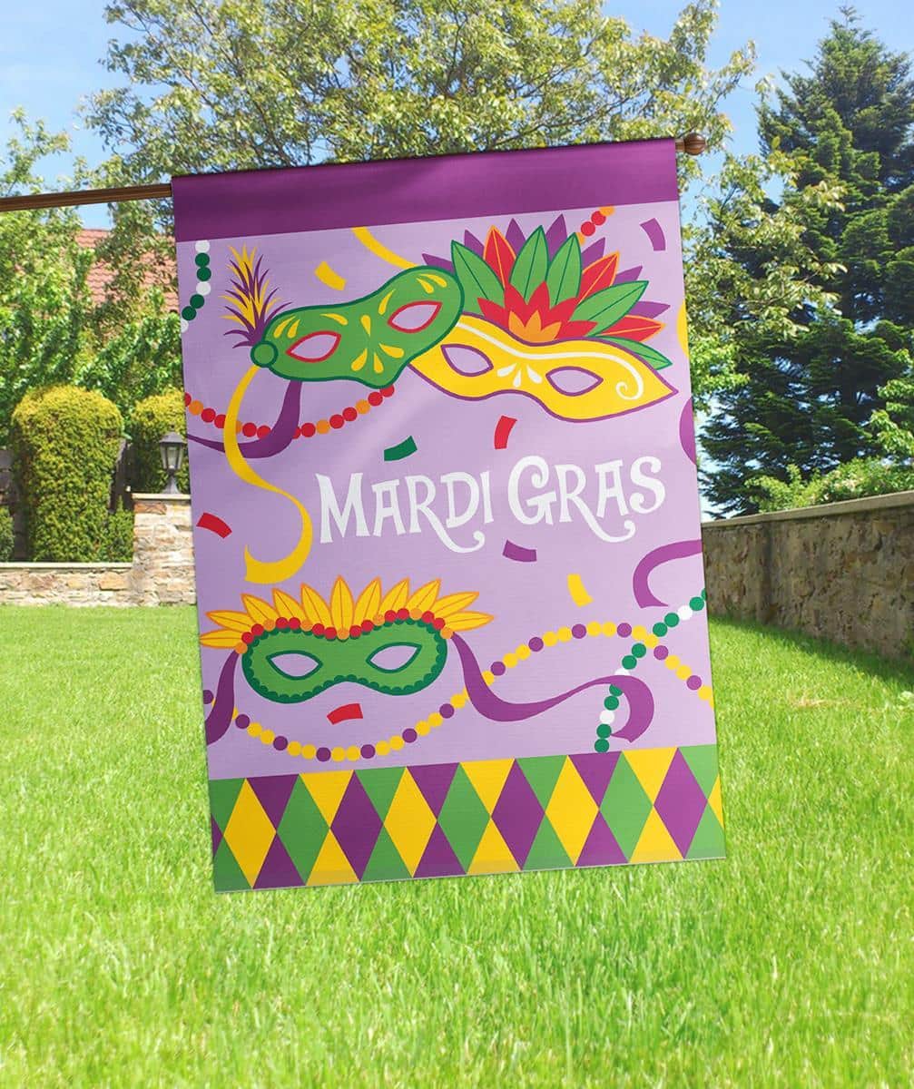 29x42 Mardi Gras beads double applique banner flag in purple, green, and gold, hanging on a house pole with layered fabric details and reinforced stitching