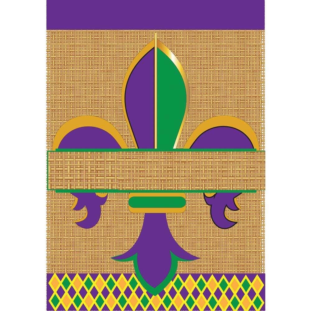 Blank Mardi Gras garden flag 13x18 with double applique in purple, green, and gold, shown mounted on a metal garden pole in a front yard setting with festive beads nearby.
