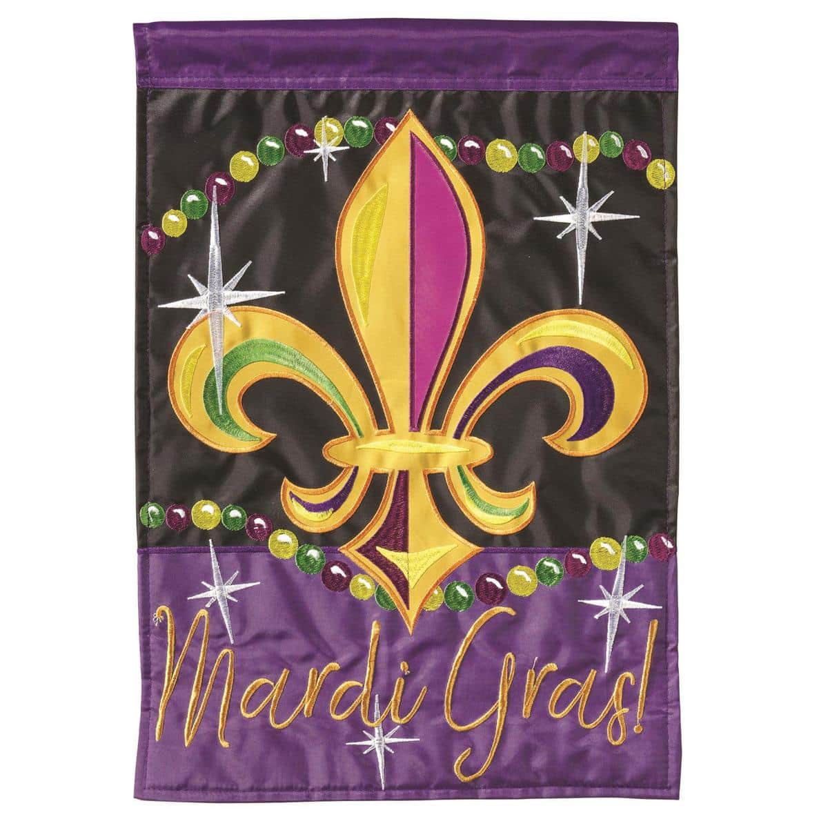 Alt text for the main product image (must be unique vs the meta description) LA-MardiGras 13x18 double applique garden flag showing purple green and gold masks beads and fleur-de-lis in layered fabric detail