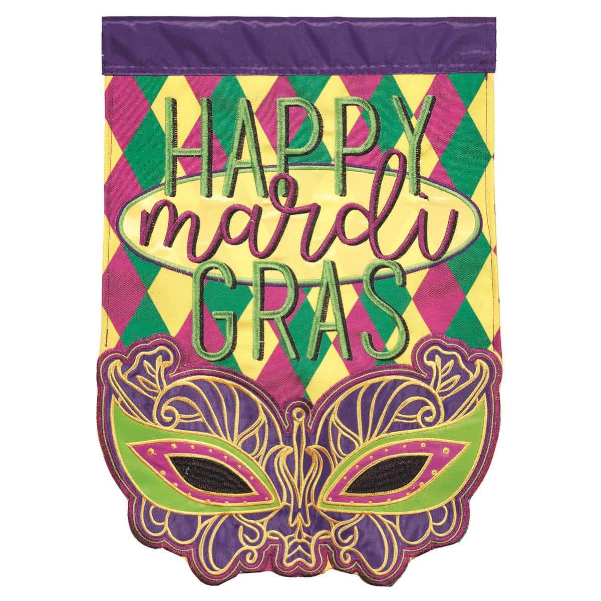 Close-up of 13x18 Mardi Gras Mask Garden Flag showing Double-Applique-Plus layered masks in purple, green, and gold with embroidered accents and reinforced sleeve.