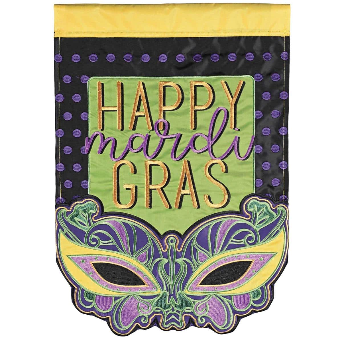 Purple green and gold masquerade mask with polka dot pattern on a double applique outdoor flag, LA-MardiGras style, shown mounted on a porch flagpole with reinforced sleeve and stitched hems.